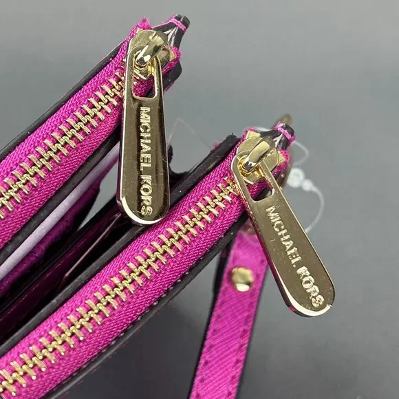Michael Kors Pink Fuschia Leather Jet Set Travel Double Zip Wristlet Wallet - Picture 6 of 16